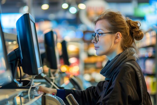 Woman using self service supermarket checkout technology