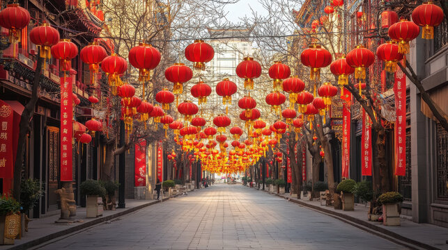 Street is lined with numerous red lanterns suspended above the path during a festive celebration.