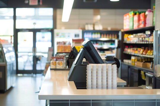 Convenience store checkout counter with stacked cups