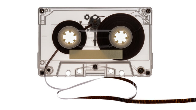 Clear plastic audio cassette tape with spooled magnetic ribbon, isolated on transparent background