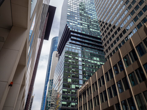 Low angle view of modern Omniturm skyscraper in Frankfurt skyline