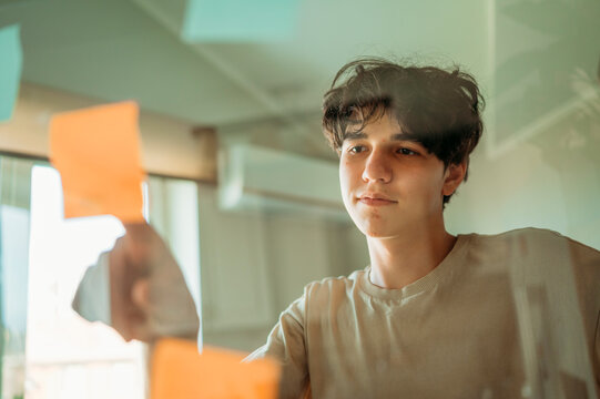 Student brainstorming and making decision in office