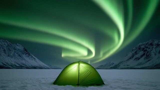 Green tent illuminated under vibrant swirling green northern lights aurora borealis in icy snowy mountain valley during clear night winter camping trip adventure in wilderness