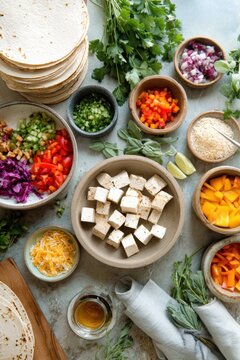 Colorful taco ingredient layout with stacked tortillas herbs diced vegetables and tofu for recipe design and food styling background,National Tofu Day