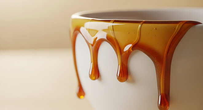 Caramel sauce dripping from cup.