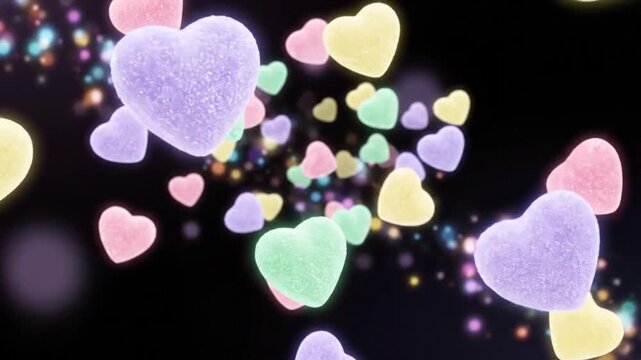 Colorful glowing heart shapes floating in dark space animation