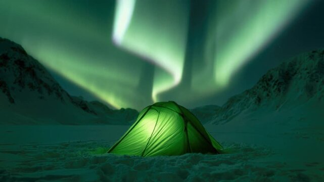 Illuminated green tent set up on snowy ground beneath vibrant green aurora borealis lighting up dark mountain landscape at night in cold winter wilderness