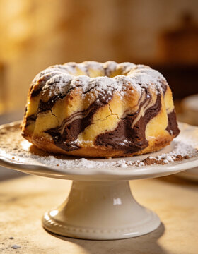 Traditioneller Marmorgugelhupf mit Puderzucker auf einer eleganten Tortenplatte, klassischer &ouml;sterreichischer Kuchen zum Kaffee