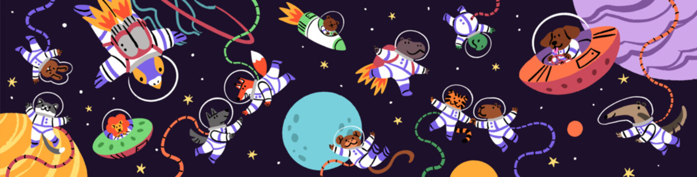 Cute animals are flying in outer scape banner. Funny characters in spacesuits fly in cosmos. Astronauts, spacemen in costumes are in flight among planets and stars. Flat vector illustration