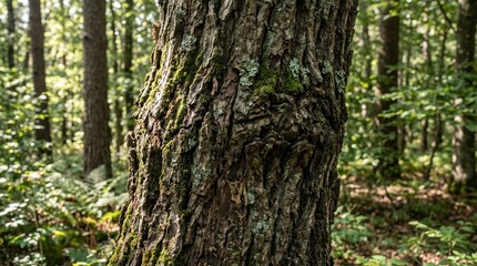 Fototapeta premium Close up view of rough tree bark texture on a large trunk in a sunny green forest during a bright summer day
