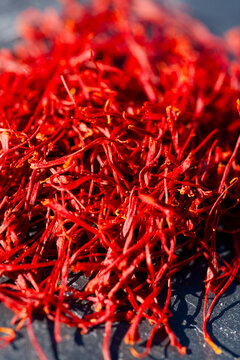Macro shot of red saffron threads from Mund Switzerland