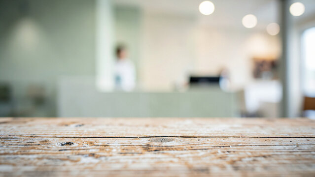 Dark Walnut Wood Tabletop on High End Botanical Rooftop Bar with Green Foliage Blur Luxury City Boke