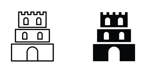 Minimalist Castle Tower Icons Set in Outline and Solid Black Styles for Medieval Architecture Design © Abdul