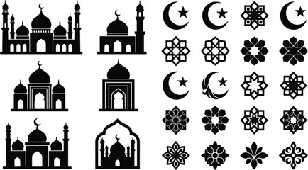 Islamic Black Silhouette Vector Set with Mosque Architecture Crescent Moons and Mandalas Geometric Arabesque Ornament Elements for Ramadan and Eid Designs © MstMinara