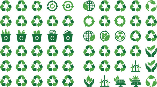 Green Recycle and Ecology Icon Set with Renewable Energy, Waste Sorting Bins, Planet Earth, Leaves, and Environmentally Friendly Conservation Symbols