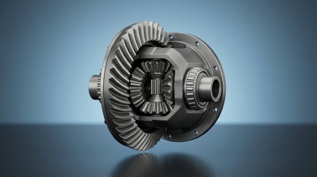 Industrial differential gear unit 3D render, precision torque distribution assembly, drivetrain differential mechanism, power transfer gear system