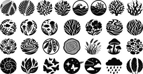 Nature and Wildlife Circular Silhouette Icon Bundle with Flowers Butterflies Marine Life Trees and Weather Symbols for Organic Brand Logo Designs © MstMinara