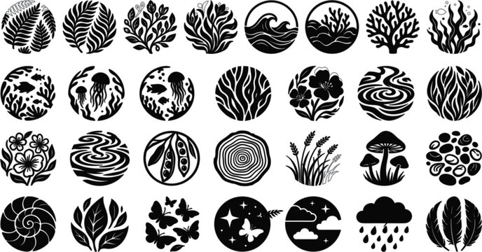 Nature and Wildlife Circular Silhouette Icon Bundle with Flowers Butterflies Marine Life Trees and Weather Symbols for Organic Brand Logo Designs