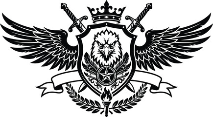 Fototapeta premium Royal Eagle Heraldic Crest Vector Illustration with Wings Crown Shield Swords and Vintage Coat of Arms