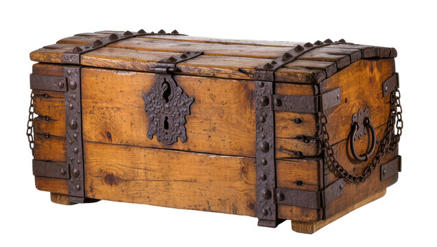 Antique wooden treasure chest with ornate metal lock and chains, isolated on transparent background