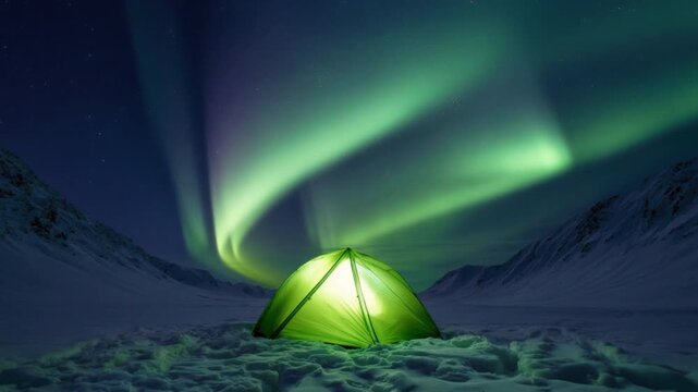 Bright green tent set up on snowy ground under mesmerizing swirling green northern lights in dark night sky over mountain landscape