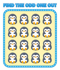 Obraz premium Find the odd one out educational worksheet with colorful penguins, printable visual puzzle game for preschool learning and kids activities. Vector illustration