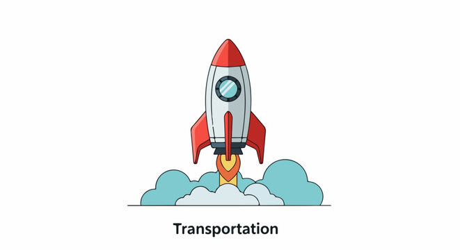 A cartoon rocket ship with red fins and nose, white body, and blue window blasts off