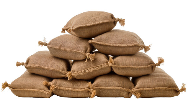 Stack of burlap sacks tied with rope, isolated on transparent background