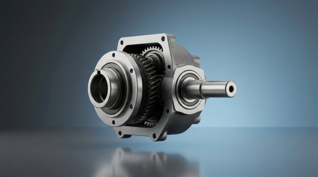 Industrial power take-off unit PTO 3D render, precision auxiliary power transmission assembly, heavy duty mechanical drive system