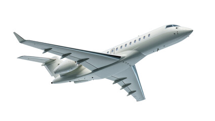 Modern white private jet airplane in flight, isolated on transparent background © Daniel