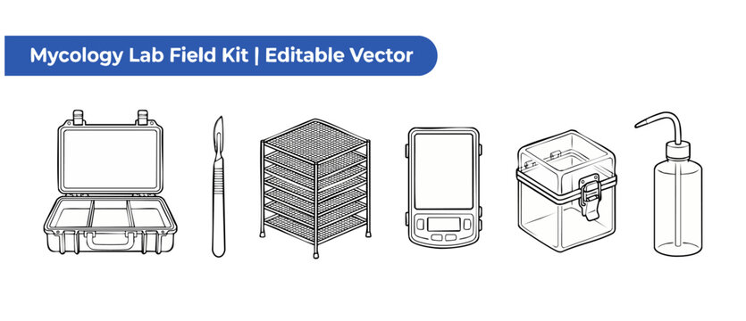 Mycology lab field kit vector icon set featuring line art of scientific tools including scalpel, drying rack, digital scale, sample box, wash bottle, and carrying case for mushroom foraging research.