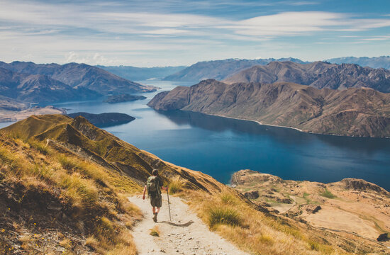 Man hiking at Roys Peak, Lake Wanaka, New Zealand