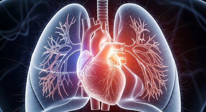 3 d medical illustration of human heart and lungs with vascular network