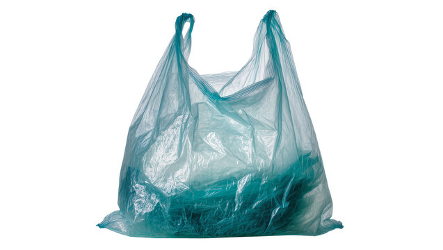 Crinkled teal plastic shopping bag full of unseen items, isolated on transparent background