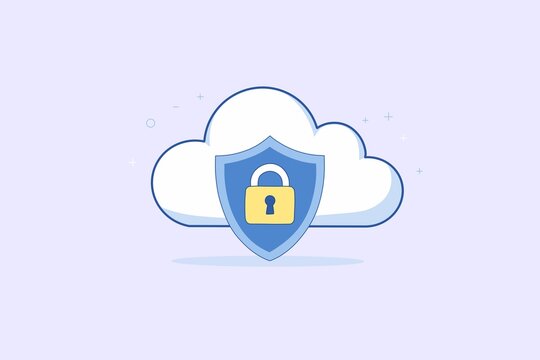 Cloud computing cyber security concept with shield and padlock