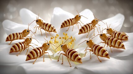 Fototapeta premium Nine Striped Insects on White Flower Blossom