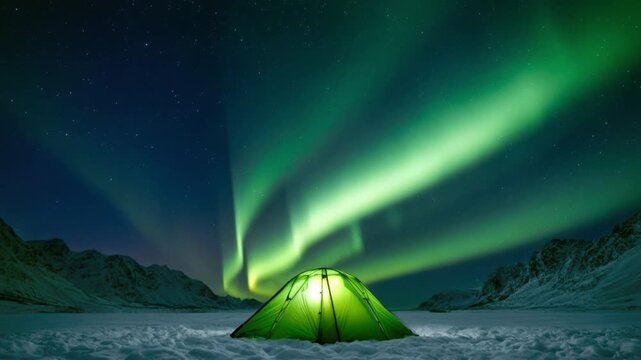Bright green camping tent illuminated under spectacular vibrant green northern lights dancing across clear night sky in snowy mountain landscape wilderness