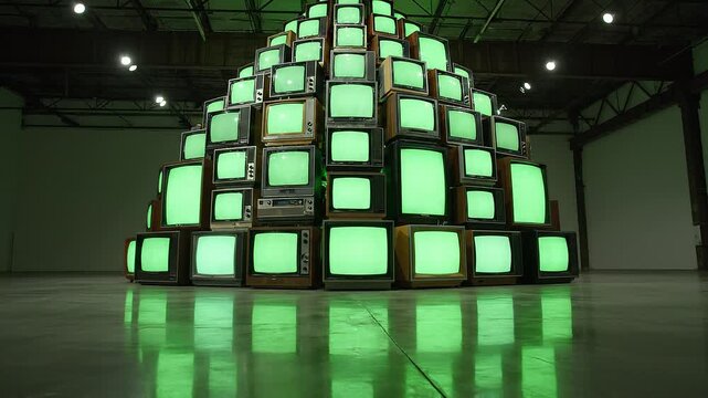 Pyramid of Vintage TVs with Green Screen Glow