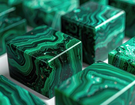 Polished malachite cubes arranged in a repeating pattern.