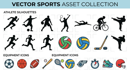 Fototapeta premium Vector sports asset collection with athlete silhouettes and equipment icons