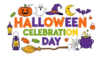 Fototapeta premium Halloween Celebration Elements: A whimsical collection of iconic Halloween symbols and festive text spelling HALLOWEEN CELEBRATION DAY arranged creatively, perfect for seasonal decor and design.