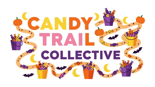 Halloween Candy Trail: A vibrant illustration depicts a Halloween candy trail, featuring a winding path filled with colorful treats, pumpkins, bats, and crescent moons.