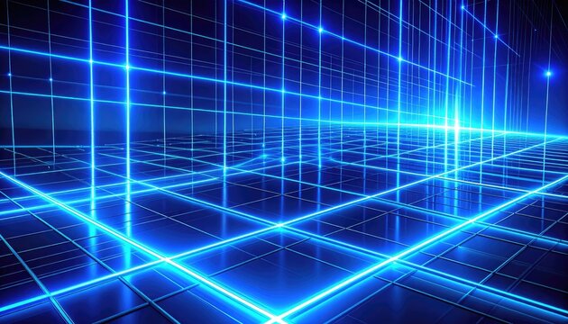 A digital grid of glowing blue lines extends into infinity.