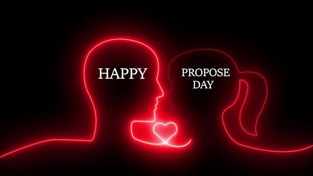 Happy propose day neon animation with romantic couple silhouette and heart symbol. 4k video motion graphic animation .