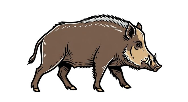 Brown wild boar illustration with bristled back in profile view isolated on white background