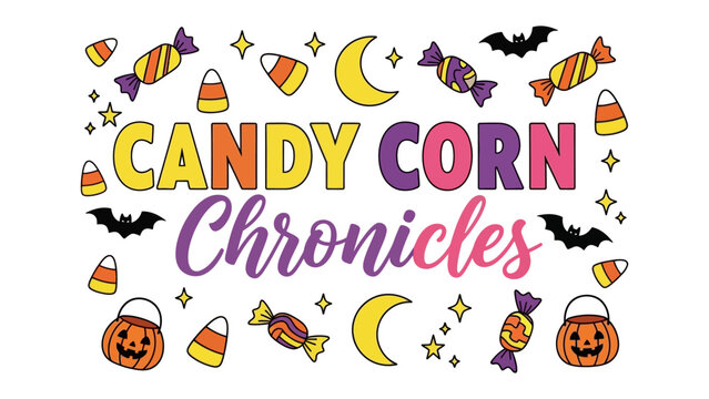 Candy Corn Chronicles Halloween Theme: A festive collection of Halloween icons and the words Candy Corn Chronicles are arranged in a playful and colorful pattern.