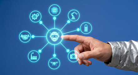 Fototapeta premium Industrial artificial intelligence concept with robot head and manufacturing technology icons set.