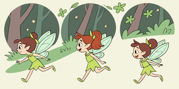 Three fairies running in a forest vector illustration with a light green palette
