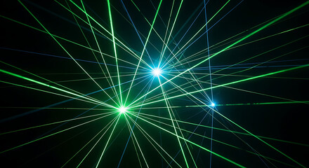 Fototapeta premium Green laser beams in dark space.