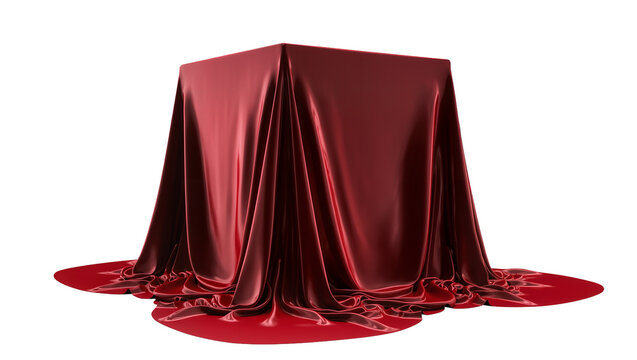Red satin draped cube on red circular platforms, isolated on transparent background